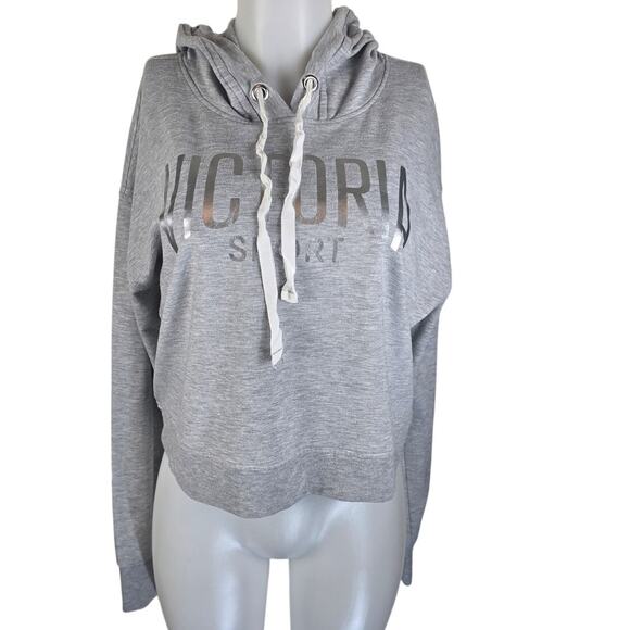 Victoria Secret Sport Cropped Gray Silver Hooded Athletic Womens Pullover L - Picture 1 of 6